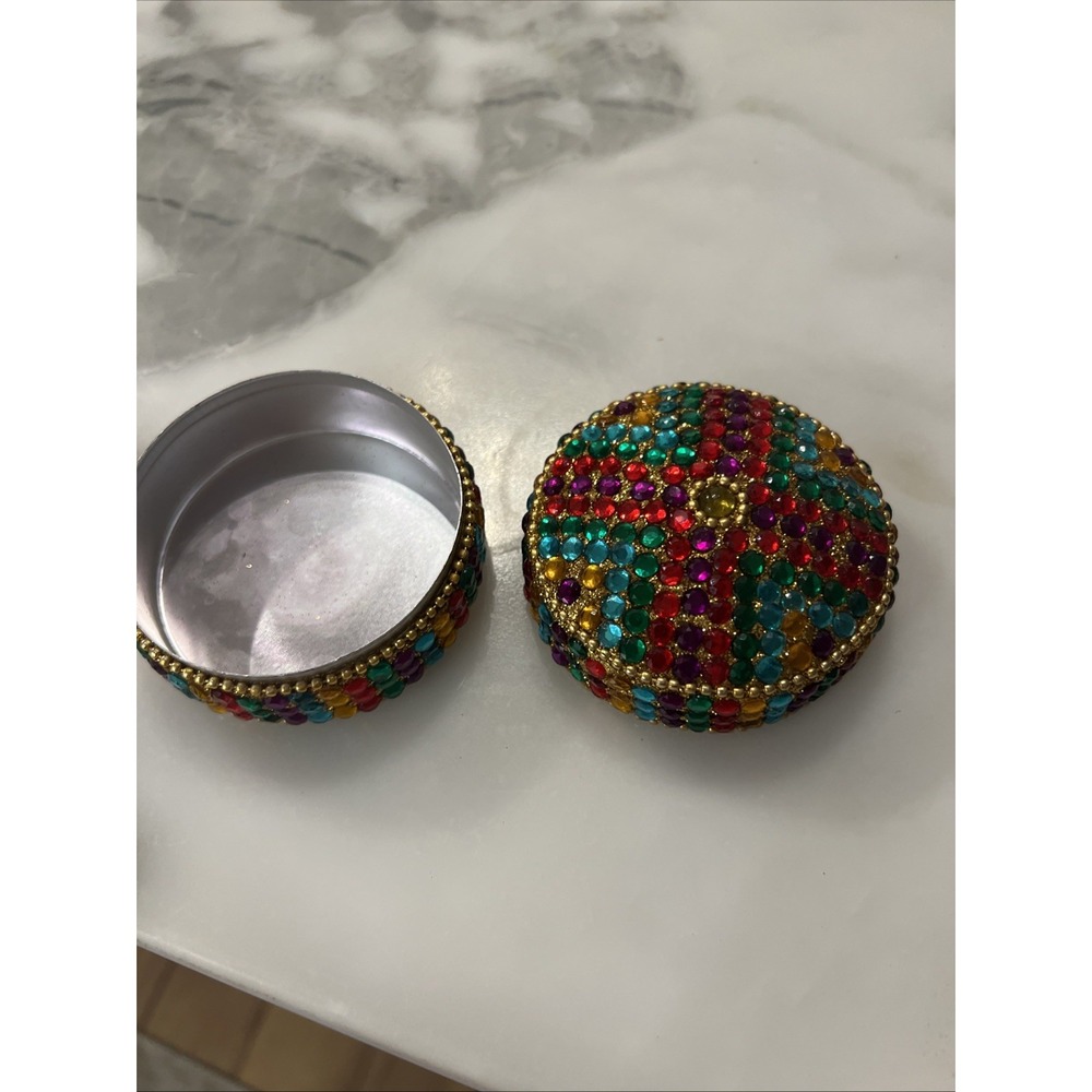 Gorgeous Handmade Colorful Rhinestone Trinket Box Round Unique - Picture 5 of 7